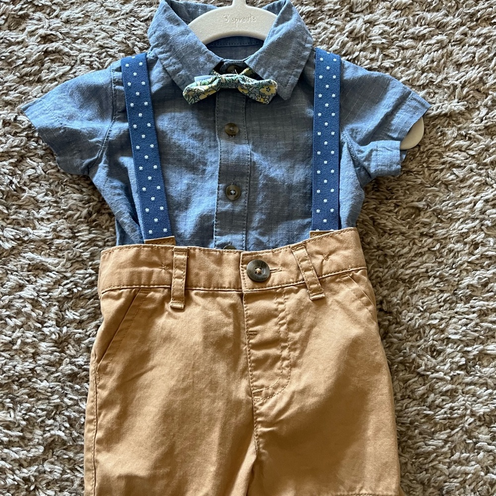 Cat & Jack Blue Shirt with Polka Dot Suspenders and Tan Shorts